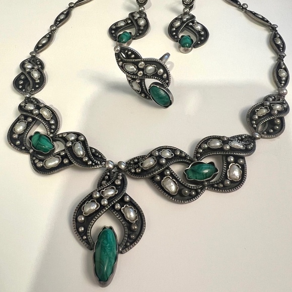 Vintage Solid Silver Malachite & Pearl Jewelry Set - Picture 1 of 5